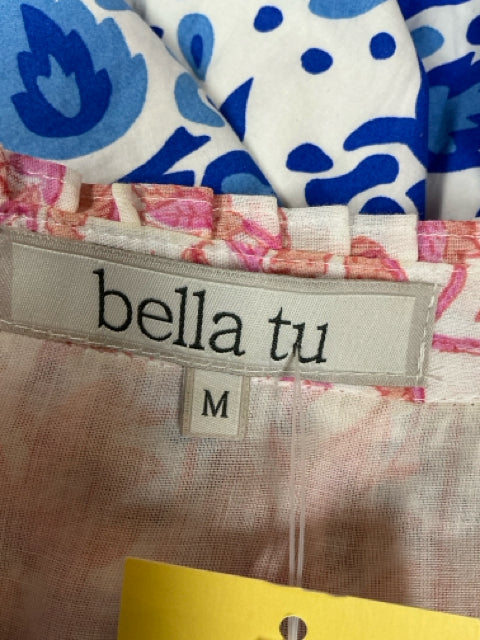 bella tu white/pink Boho Pink &amp; White Floral Ruffle Neck Tiered Cotton Dress Size Medium - Size M