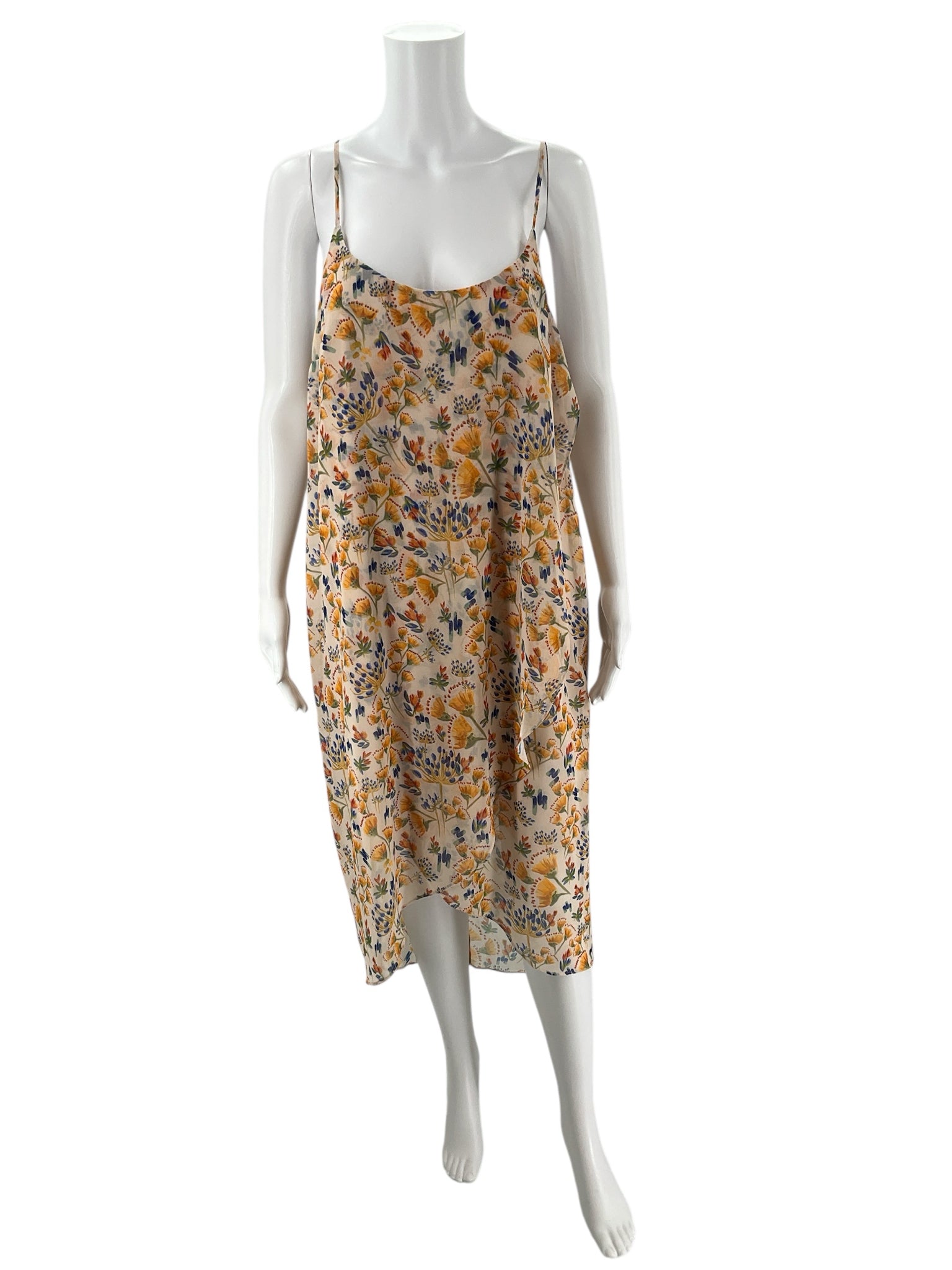 Gianni Bini Yellow/Blue Floral Dress - Size Large | Sleeveless slip dress with vibrant floral print, ideal for summer or resort wear.