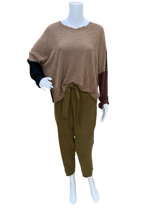 Stitchdrop Size L tan/black/maroon colorblock Casual Top - Downstairs