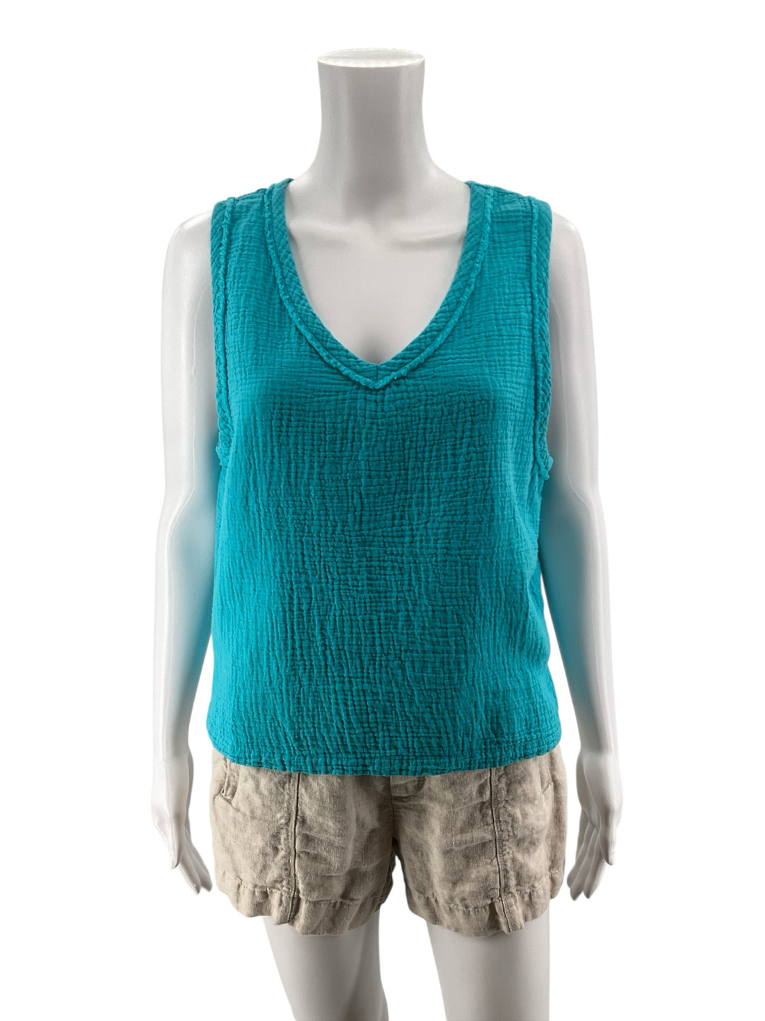 bobi Los Angeles Gauze V-Neck Tank Top Braided Trim Turquoise Medium