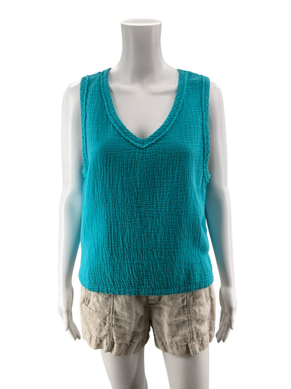 bobi Los Angeles Gauze V-Neck Tank Top Braided Trim Turquoise Medium