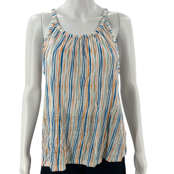 Christian Siriano Stripe Top | Pre-Owned Size Large with white, orange, and blue vertical stripes, sleeveless design, and relaxed fit.