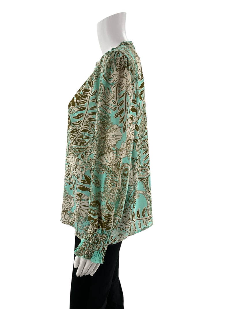 Sunny Leigh Aqua/Olive Floral Pre-Owned Ladies Top - Size Medium