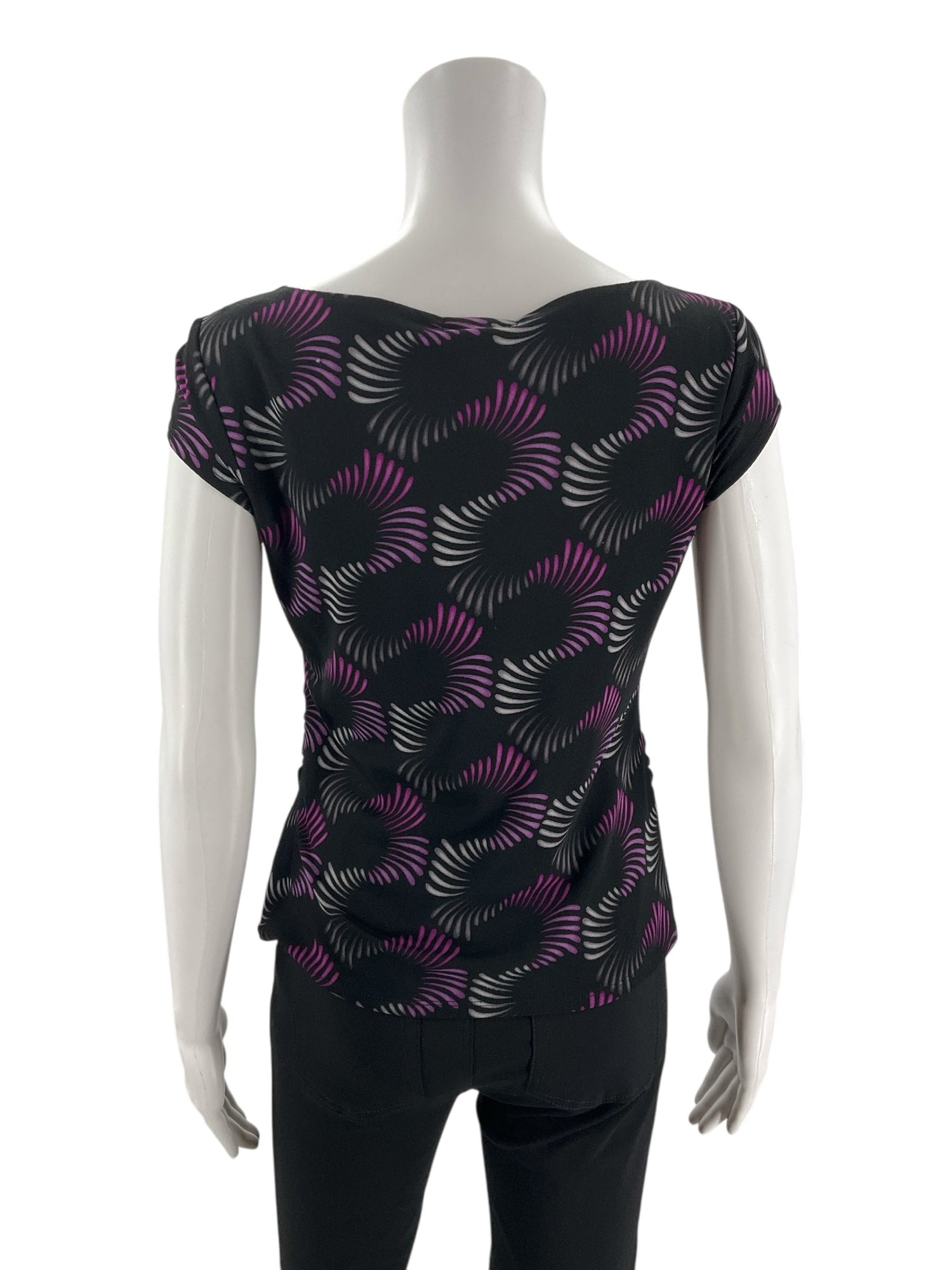 Alfani Petite black and purple print pullover blouse for women, size small petite, featuring a casual style and elegant design.