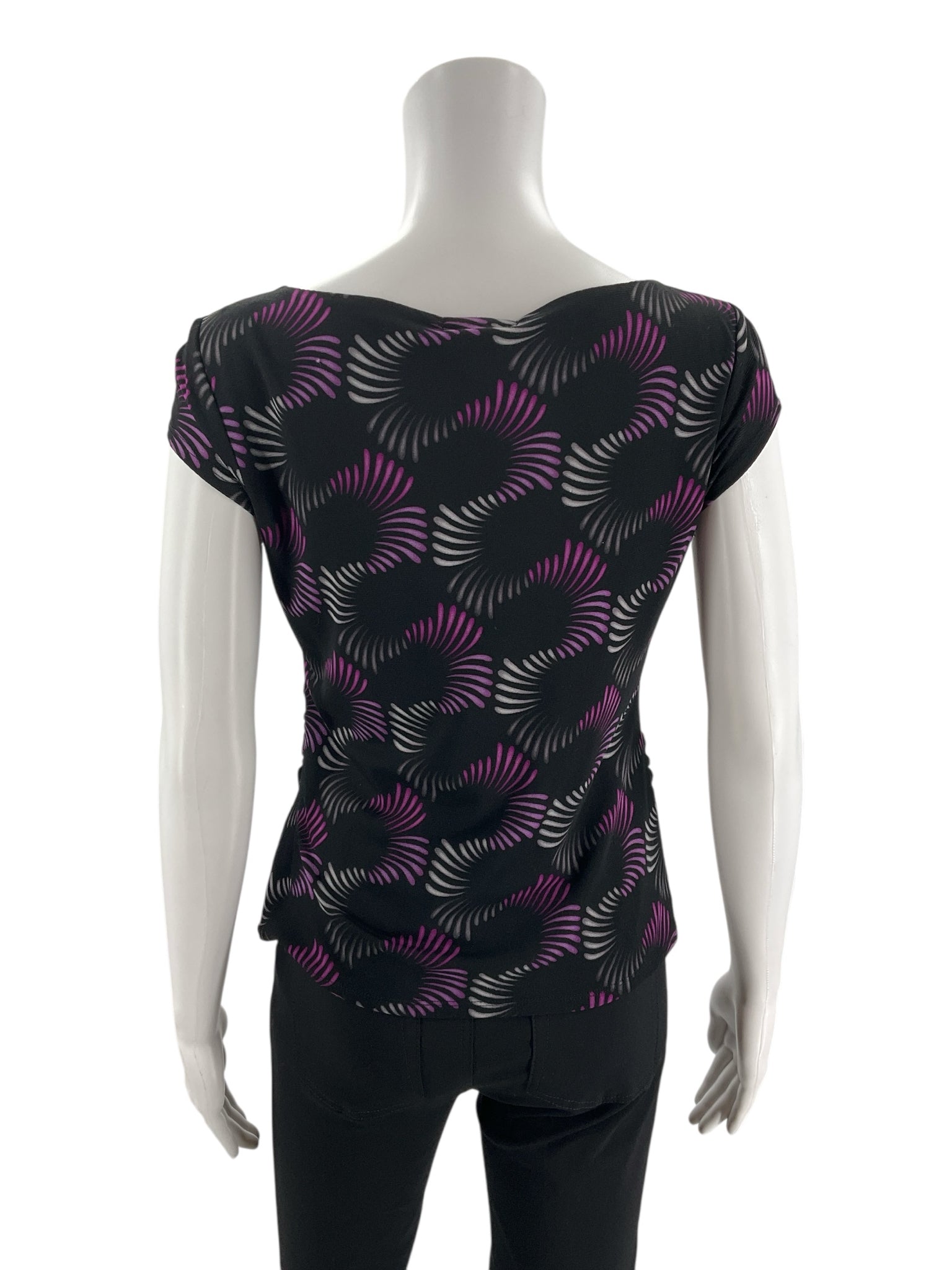 Alfani Petite black and purple print pullover blouse for women, size small petite, featuring a casual style and elegant design.