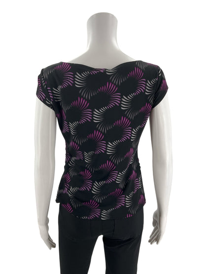 Alfani Petite black and purple print pullover blouse for women, size small petite, featuring a casual style and elegant design.