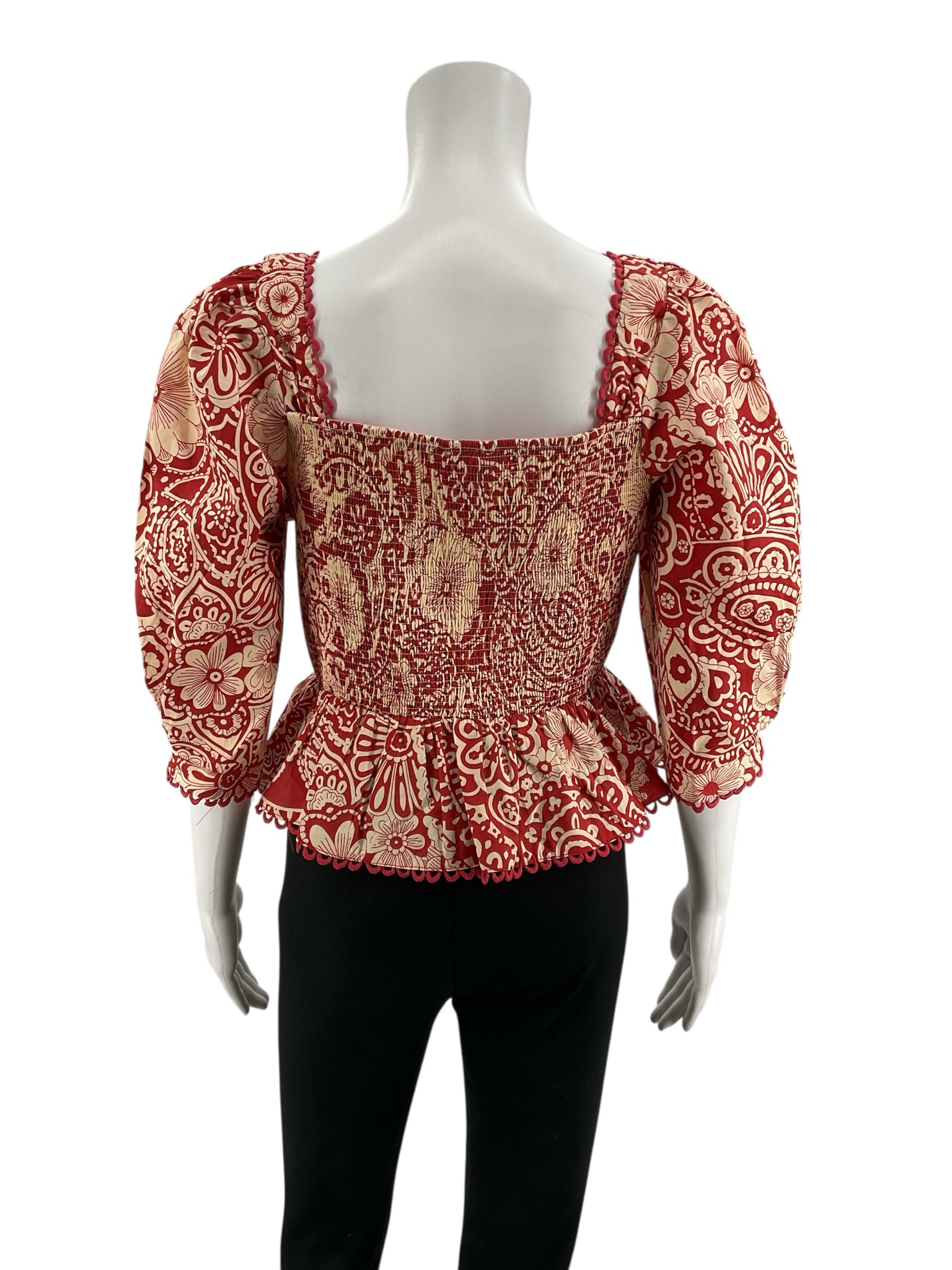 &amp; Merci Red &amp; Cream Floral Paisley Bandana Print Peplum Top Size Medium