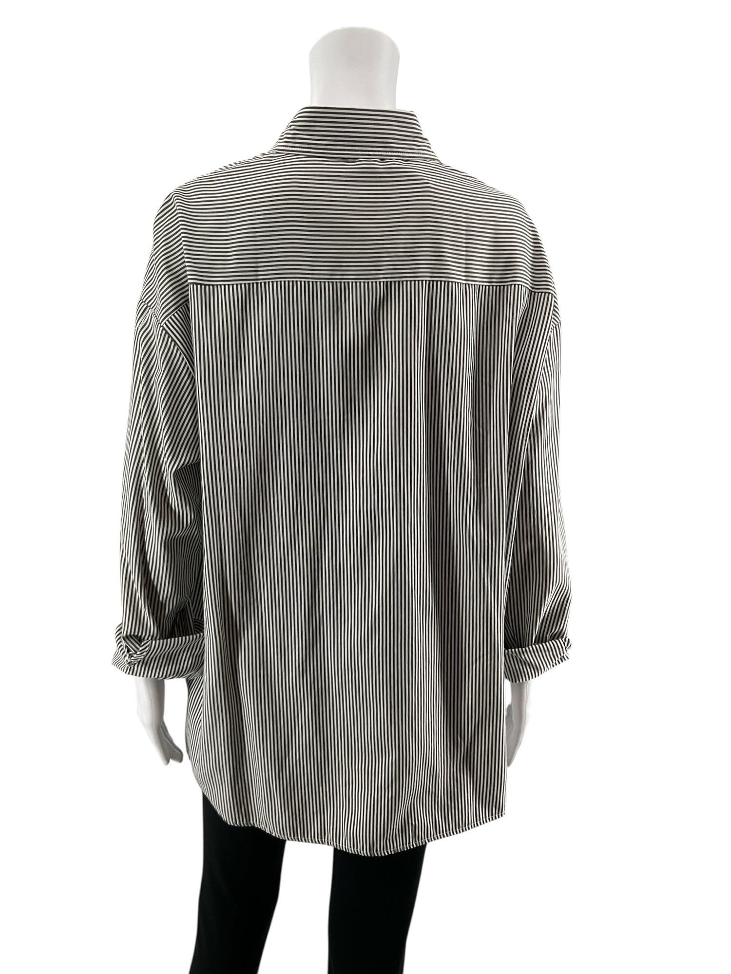 COSCOS White &amp; Black Pinstripe Longline Button-Up Shirt | Size XL
