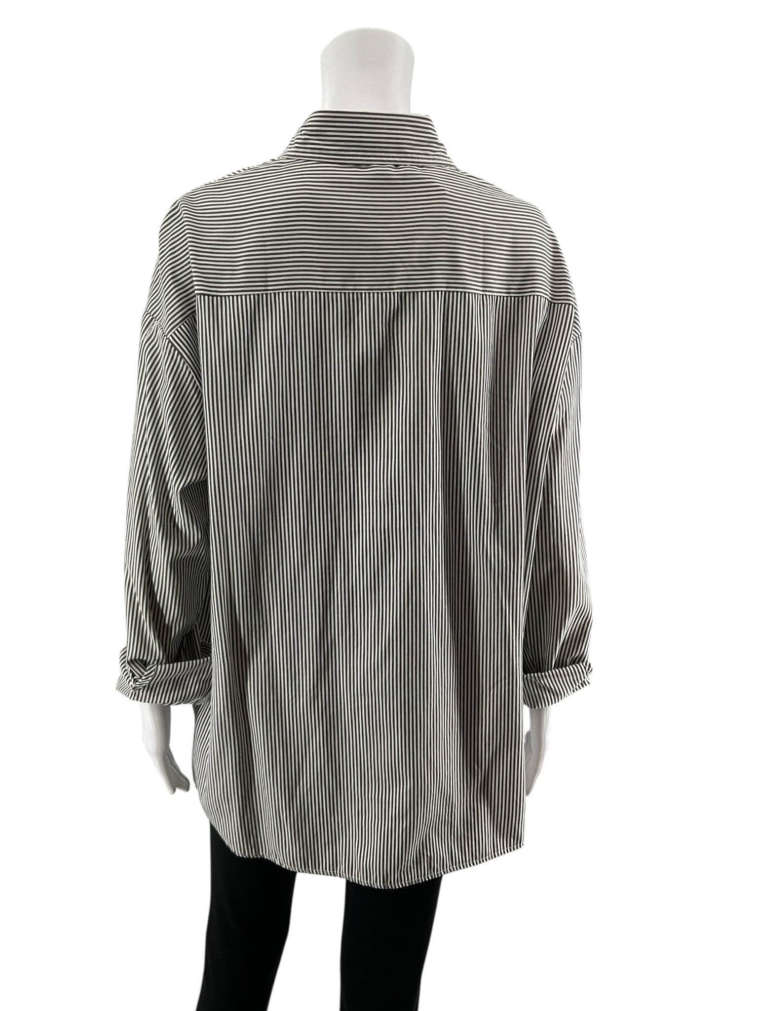 COSCOS White &amp; Black Pinstripe Longline Button-Up Shirt | Size XL