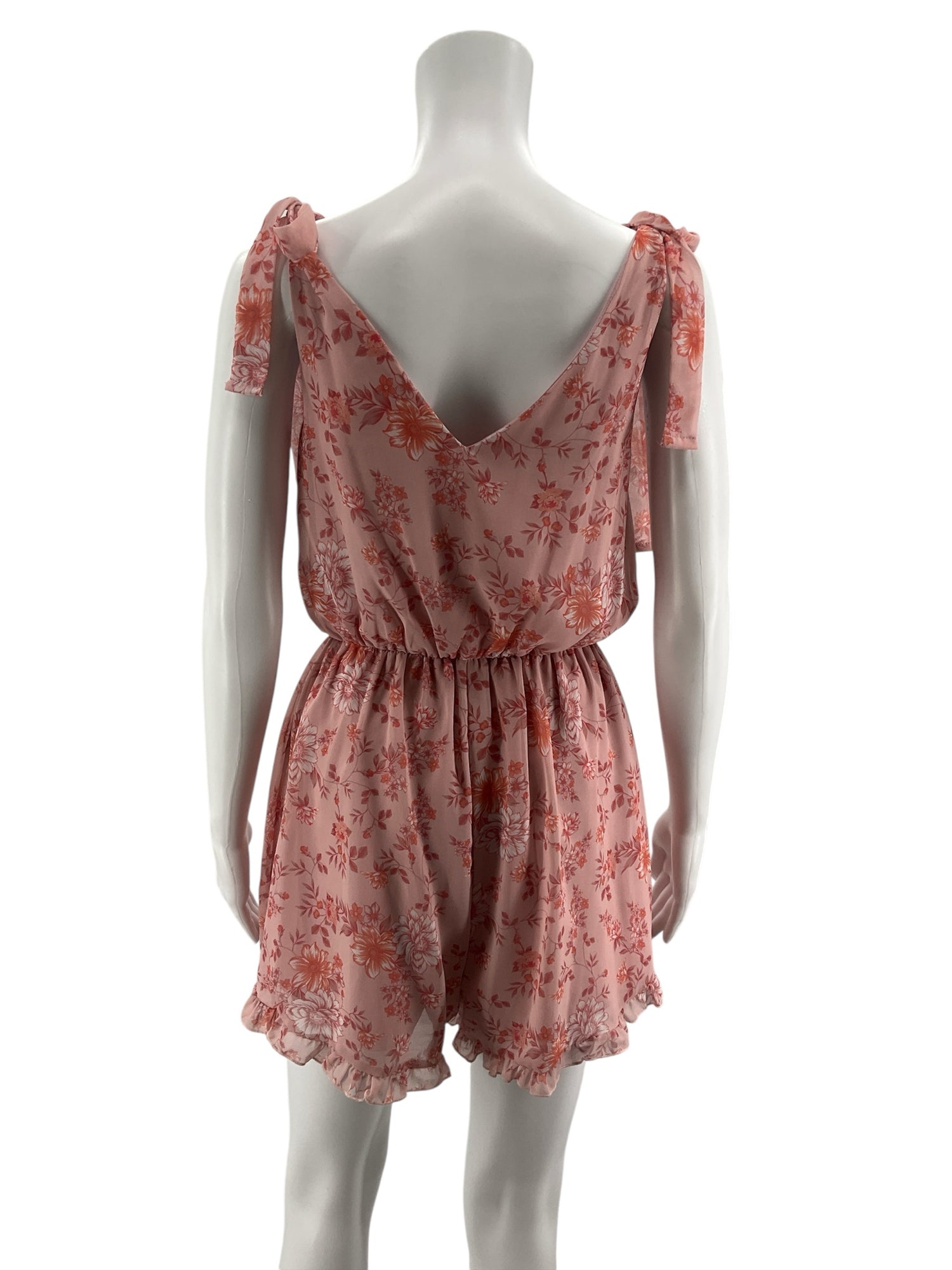 Peach Love California Floral Tie-Shoulder Ruffle Romper Size Medium