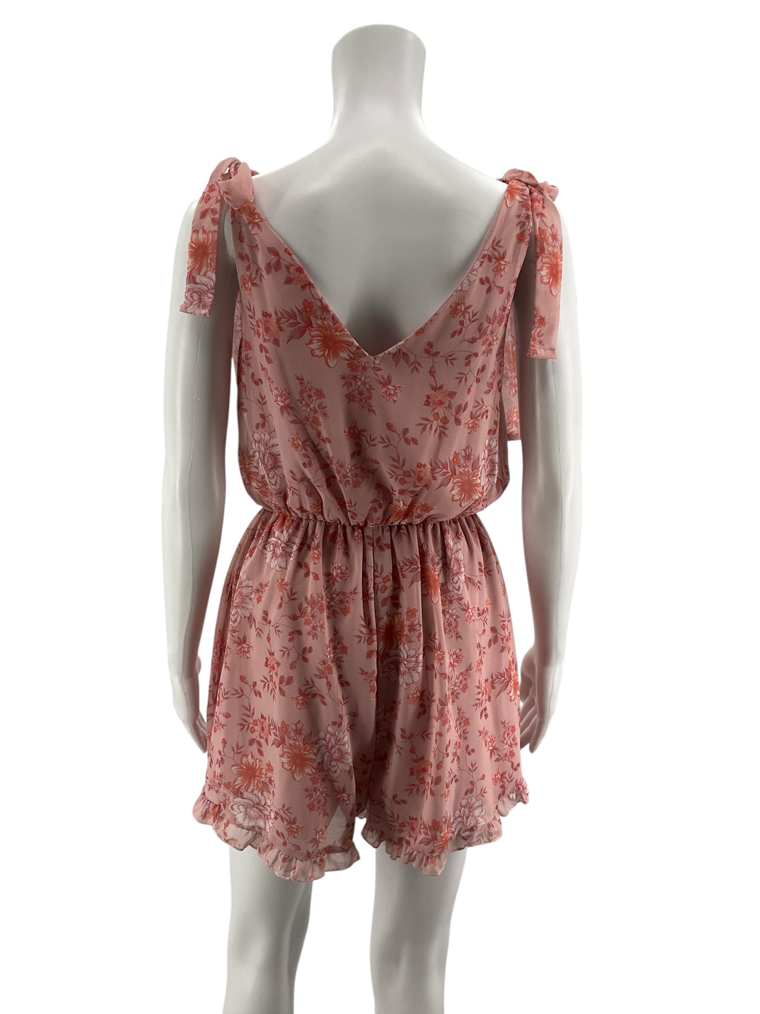 Peach Love California Floral Tie-Shoulder Ruffle Romper Size Medium
