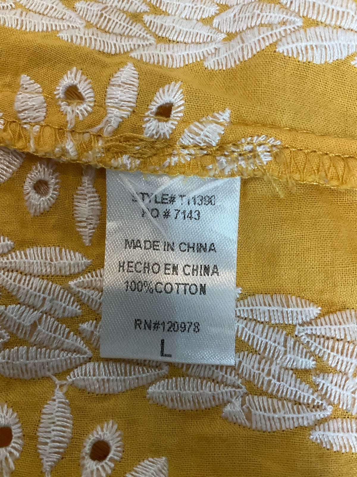 Entro Mustard Yellow Boho Eyelet Embroidered Flutter Sleeve Top Size Large - ONLINE ONLY