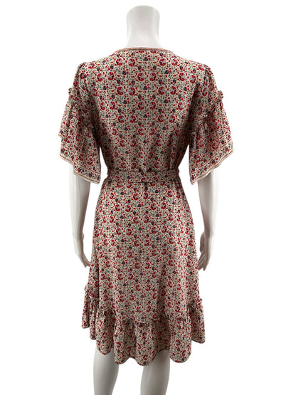 Max Studio Red/White/Blue Floral Red &amp; Blue Floral Faux Wrap Ruffle Dress Size Small - Size S