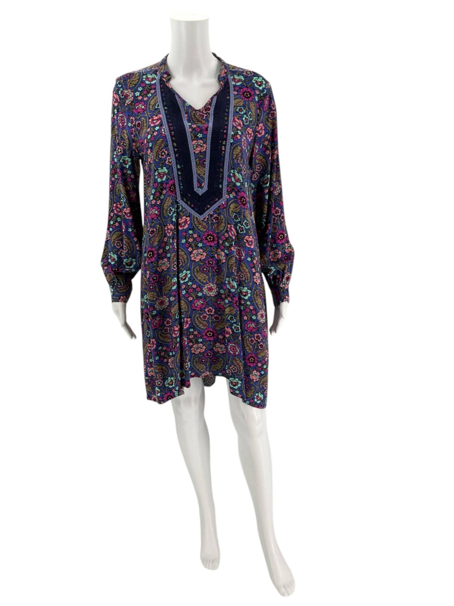 Front view of Matilda Jane Mini Dress Size Medium with vibrant blue/multi floral pattern, listed at Margaret’s Fine Consignments.