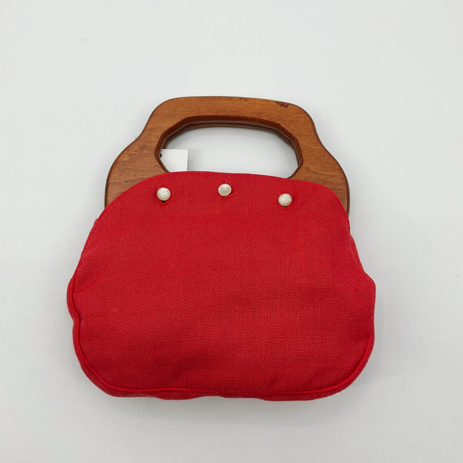 Banner House Vintage Red Linen Purse Wooden Handles Studded Retro Tote