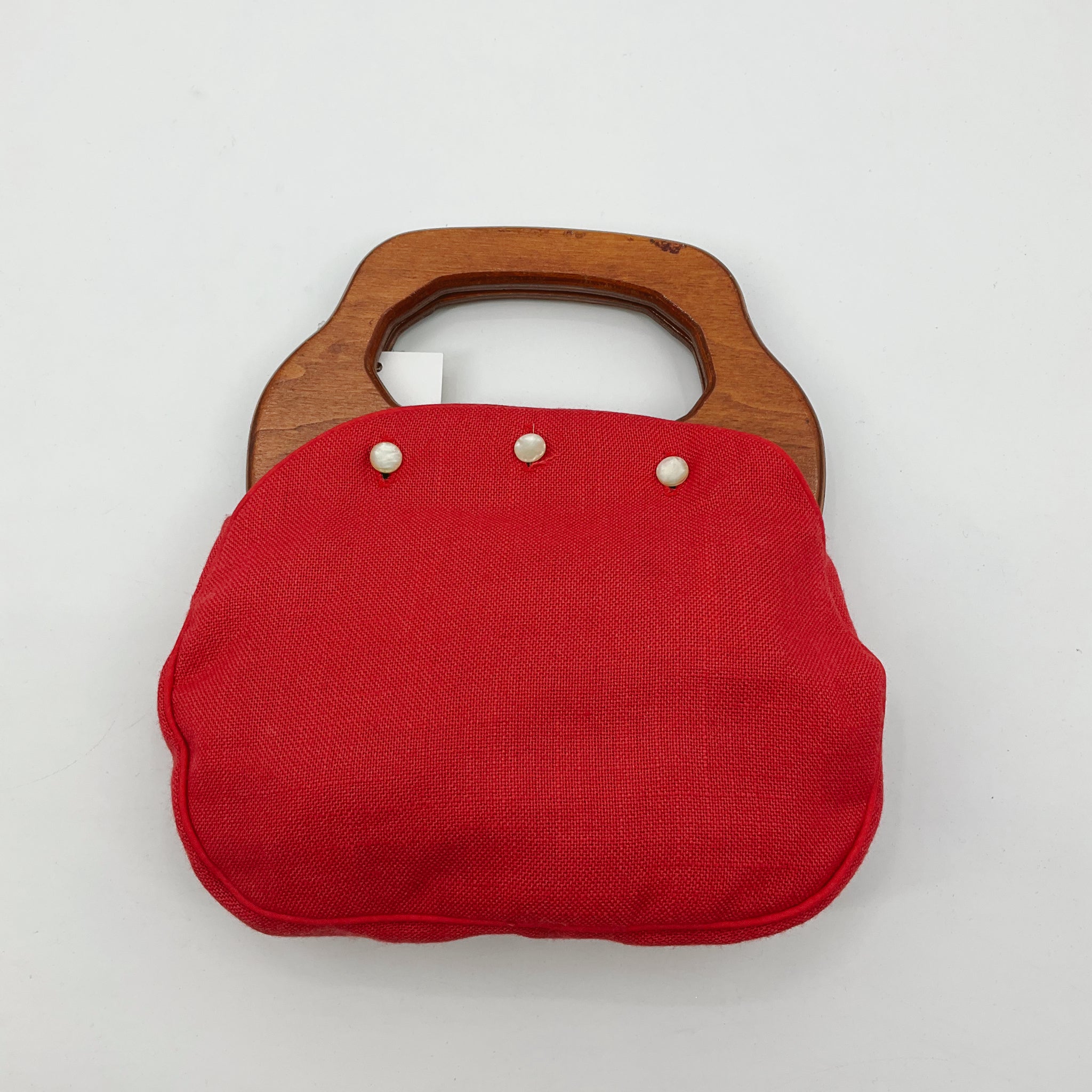 Banner House Vintage Red Linen Purse Wooden Handles Studded Retro Tote