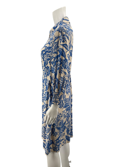 cabi BLUE/CREAM Long Sleeve China Print Dress Blue Cream Floral Chinoiserie Button Front Shirtdress Medium - Size M
