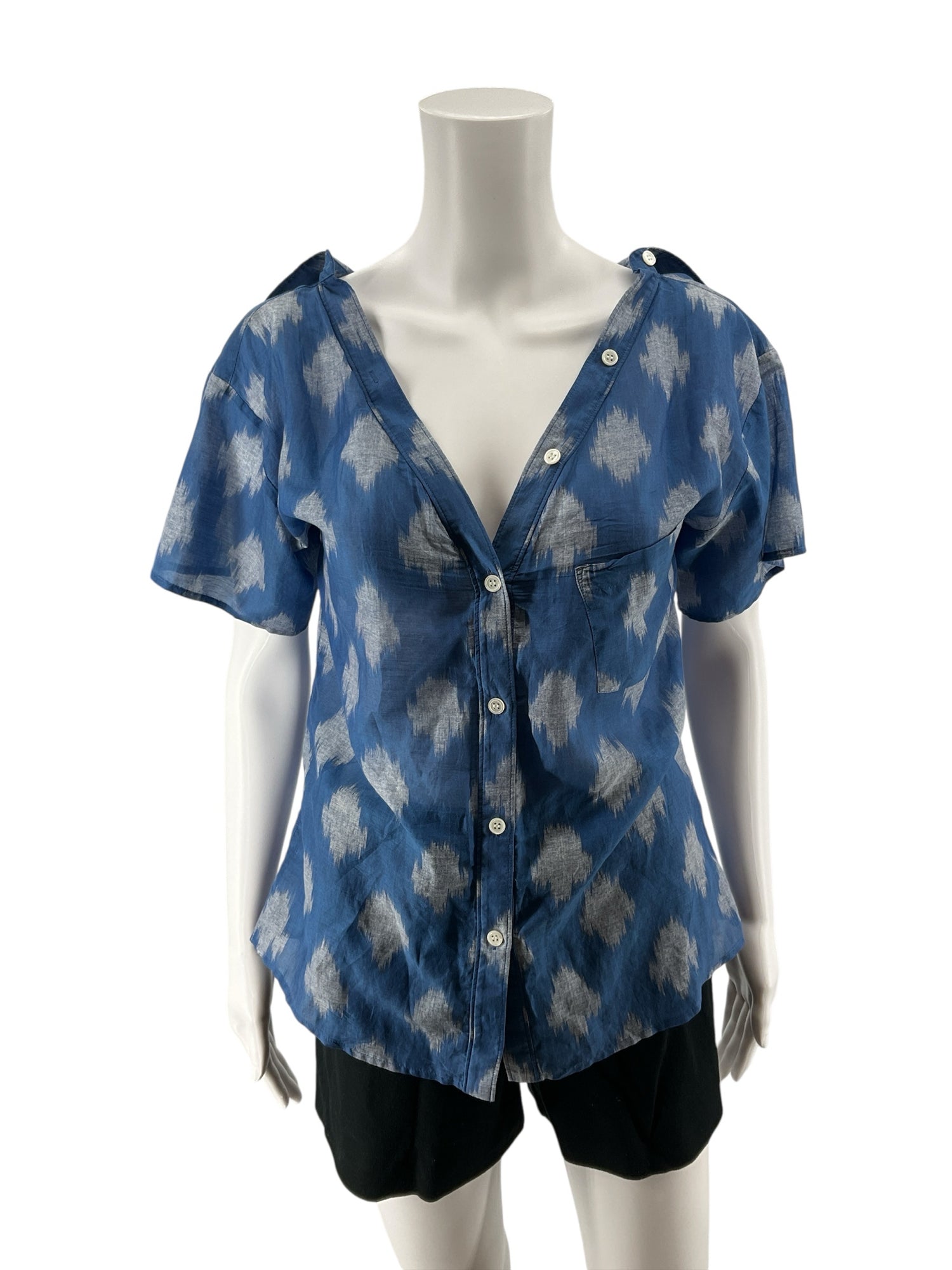 Theory Tamalee Ikat Print Cotton Silk Blouse Blue White Top Size Small