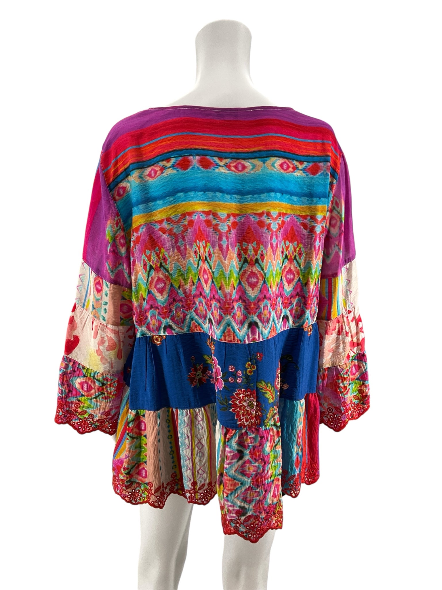 John Mark Floral Patchwork Boho Tunic Top Embroidered 3/4 Sleeve Blouse Size XL
