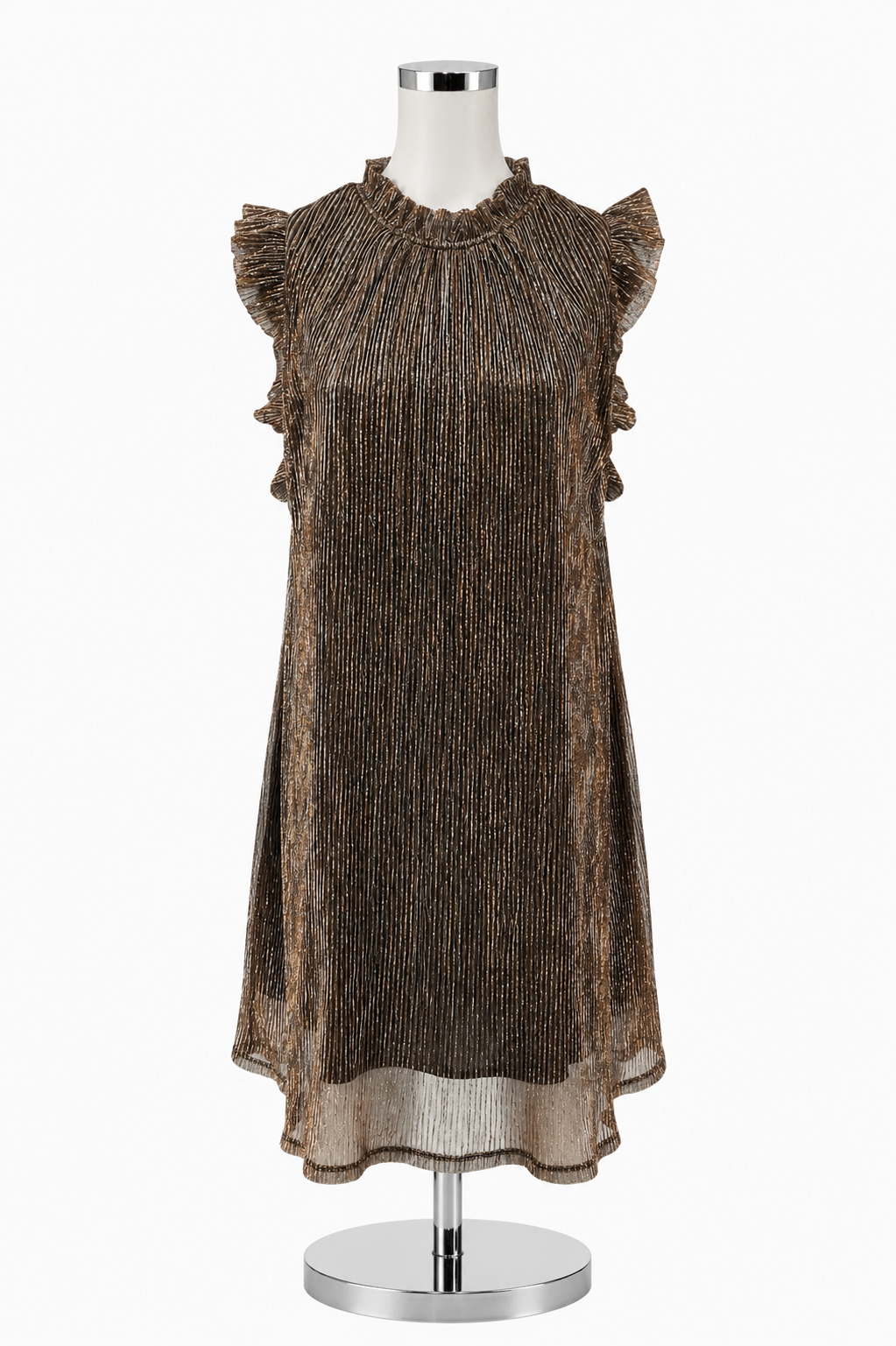 THML Bronze Metallic Pleated Mock Neck Dress | Size Small - ONLINE ONLY