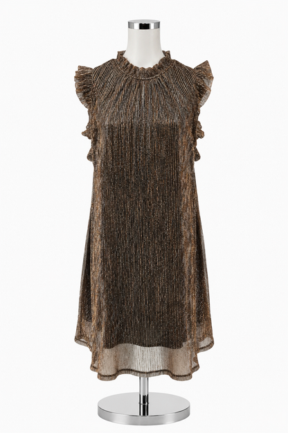 THML Bronze Metallic Pleated Mock Neck Dress | Size Small - ONLINE ONLY