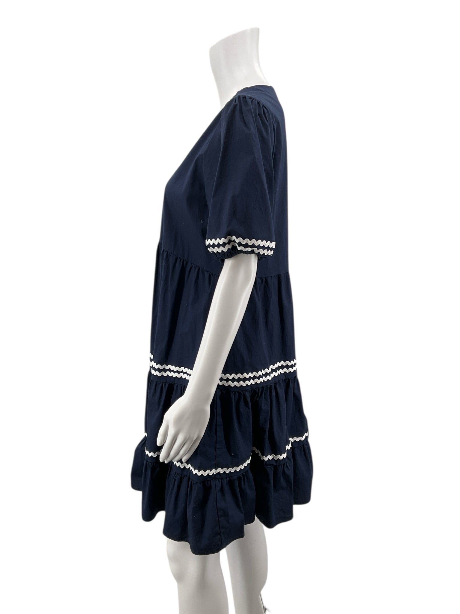 Cynthia Rowley navy/white Babydoll Navy Ric Rac Tiered Puff Sleeve Mini Dress Size Medium - Size M
