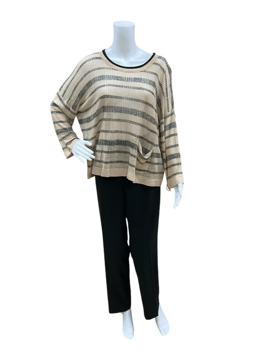 Cullen Size L Beige/black Linen Stripe Casual Top - Downstairs