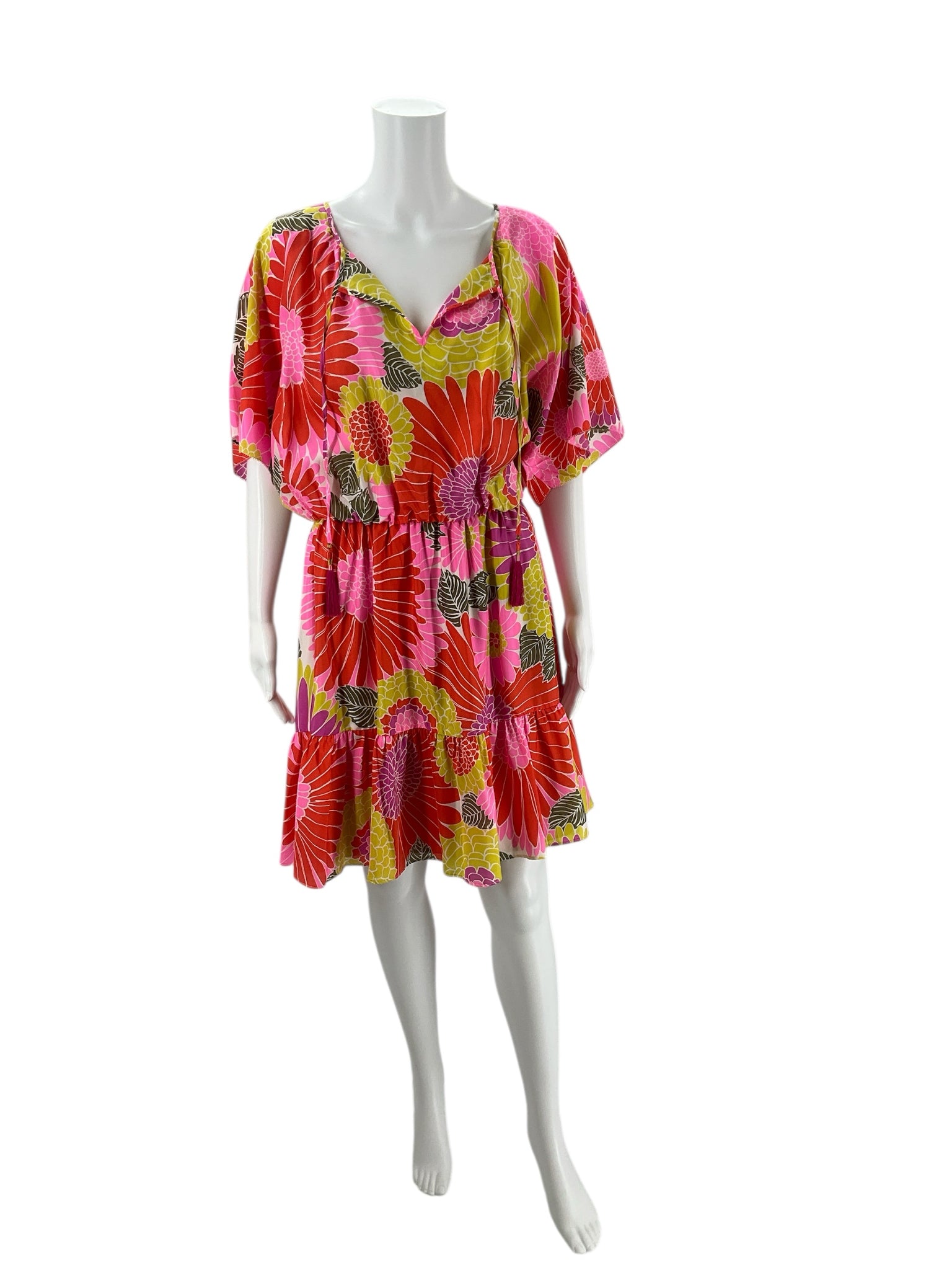 Trina Turk Orange/Green/Purple Floral Dress - Size Large with vibrant oversized floral print, short sleeves, and cinched waist, front view.