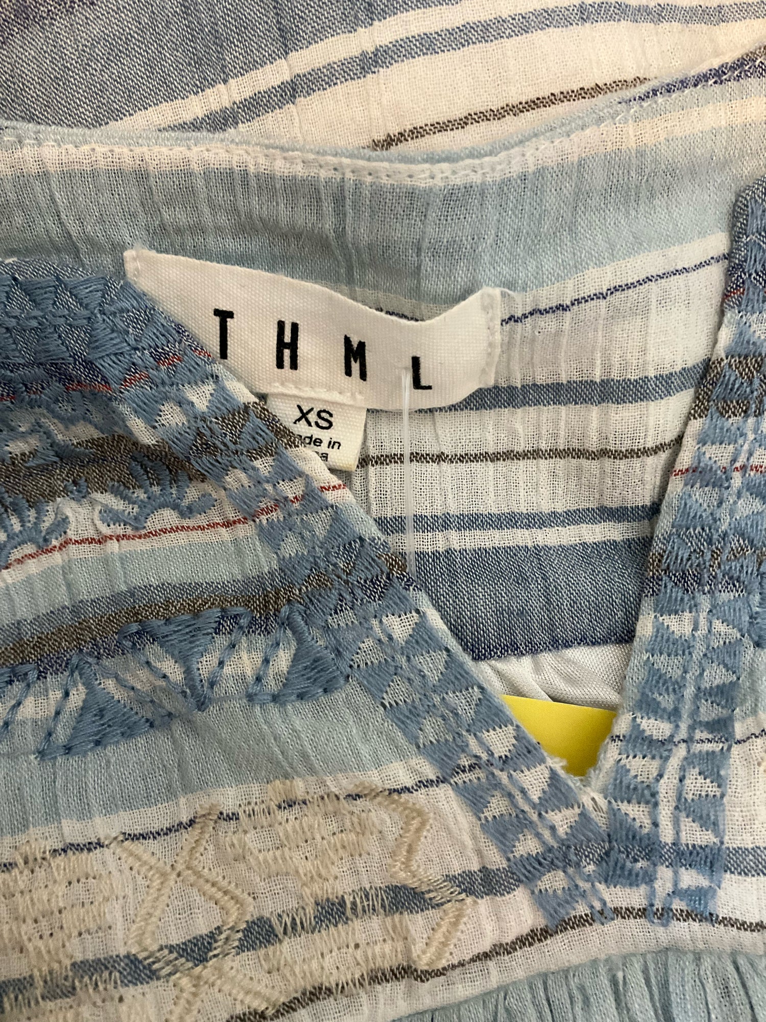THML Striped Embroidered Boho Tunic Dress Blue White Cotton XS