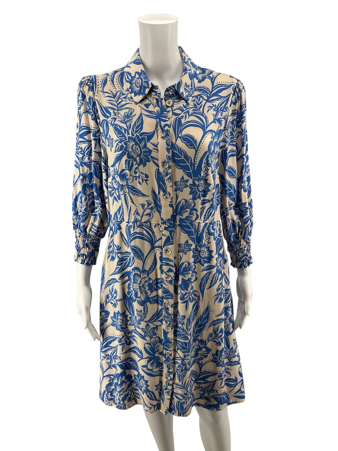 cabi BLUE/CREAM Long Sleeve China Print Dress Blue Cream Floral Chinoiserie Button Front Shirtdress Medium - Size M