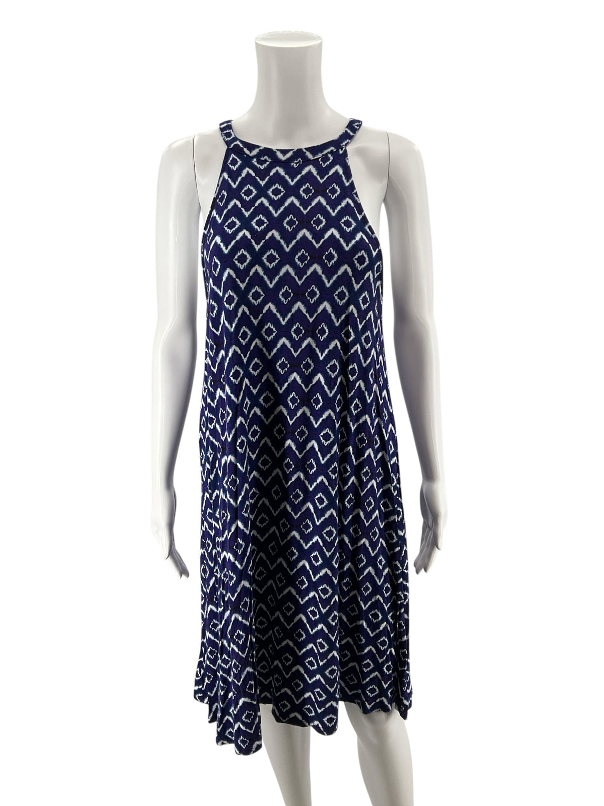 LOFT Ikat Halter Neck Dress Navy Purple White A-Line Keyhole Back Size Large - ONLINE ONLY