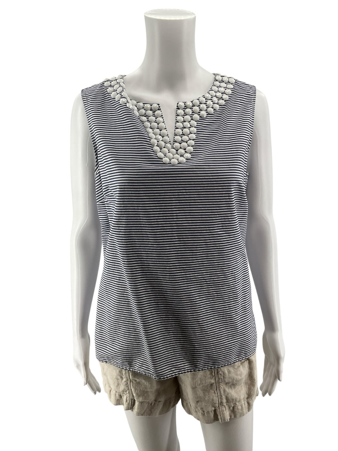 Talbots Petites Beaded Neckline Striped Shell Top Blue White Size 12P