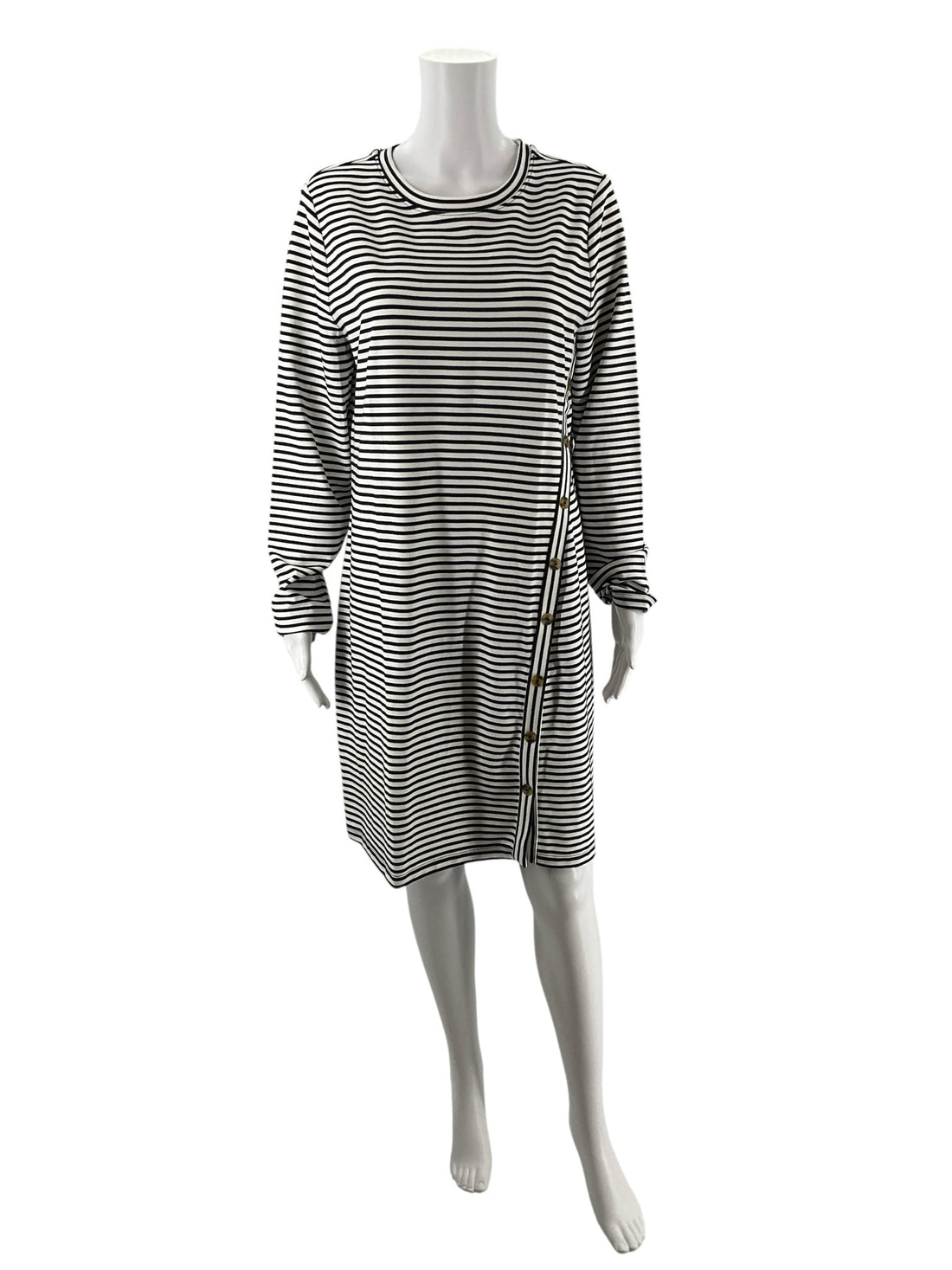 Loft navy and white striped long sleeve tunic dress, pre-owned with tags, size large, casual knit pullover style.