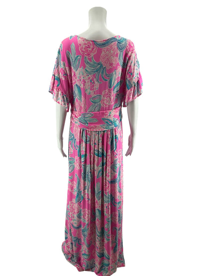 Lilly Pulitzer Pre-Owned Tropical Floral Flutter Sleeve Maxi Dress Size XL - Pink, Blue, White - ONLINE ONLY