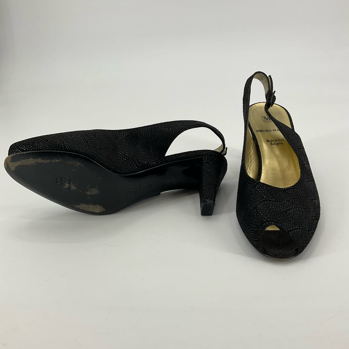 Bruno Magli Black Swirl Fabric Peep Toe Slingback Heels | Size 7 | Made in Italy - ONLINE ONLY