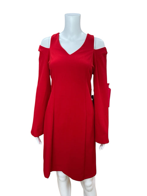 Front view of Emma Michele red A-line cold shoulder dress with long flared sleeves, new with tags, size 8.