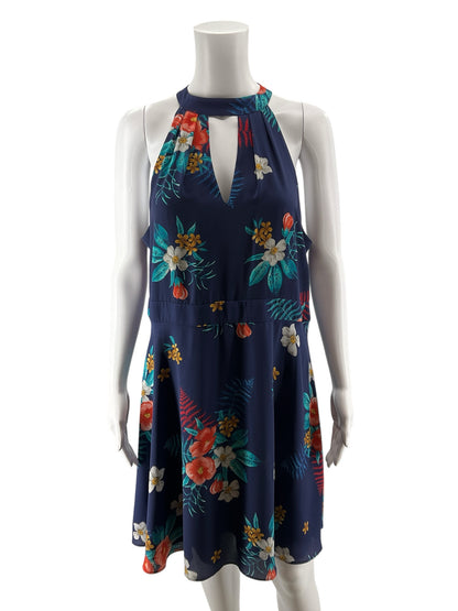 Express Floral Halter Keyhole Fit &amp; Flare Dress Navy Teal Orange Size 14