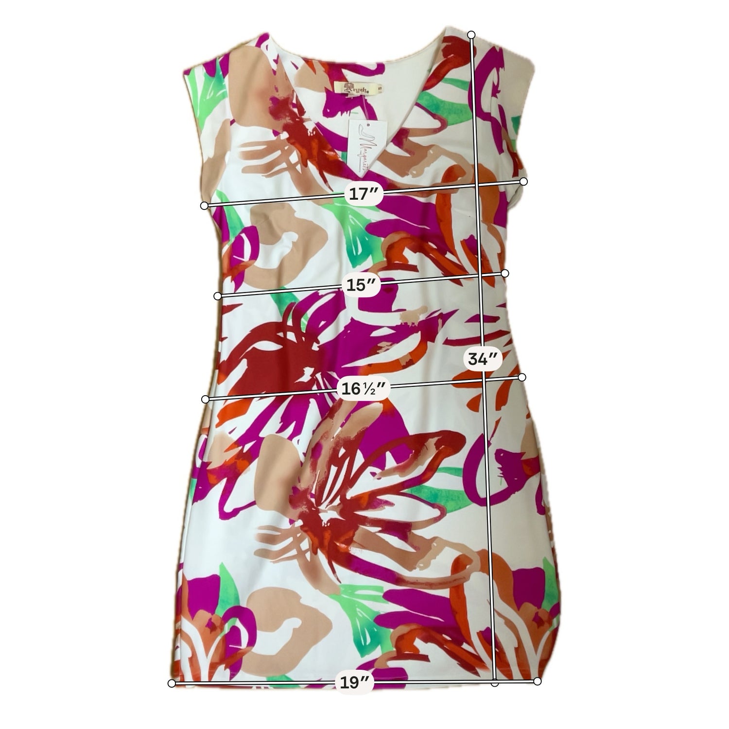 Aryeh White/Pink/Green Sheath Floral Cap Sleeve V-Neck Stretch Shift Dress Size Small - Size S