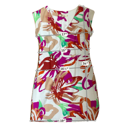 Aryeh White/Pink/Green Sheath Floral Cap Sleeve V-Neck Stretch Shift Dress Size Small - Size S