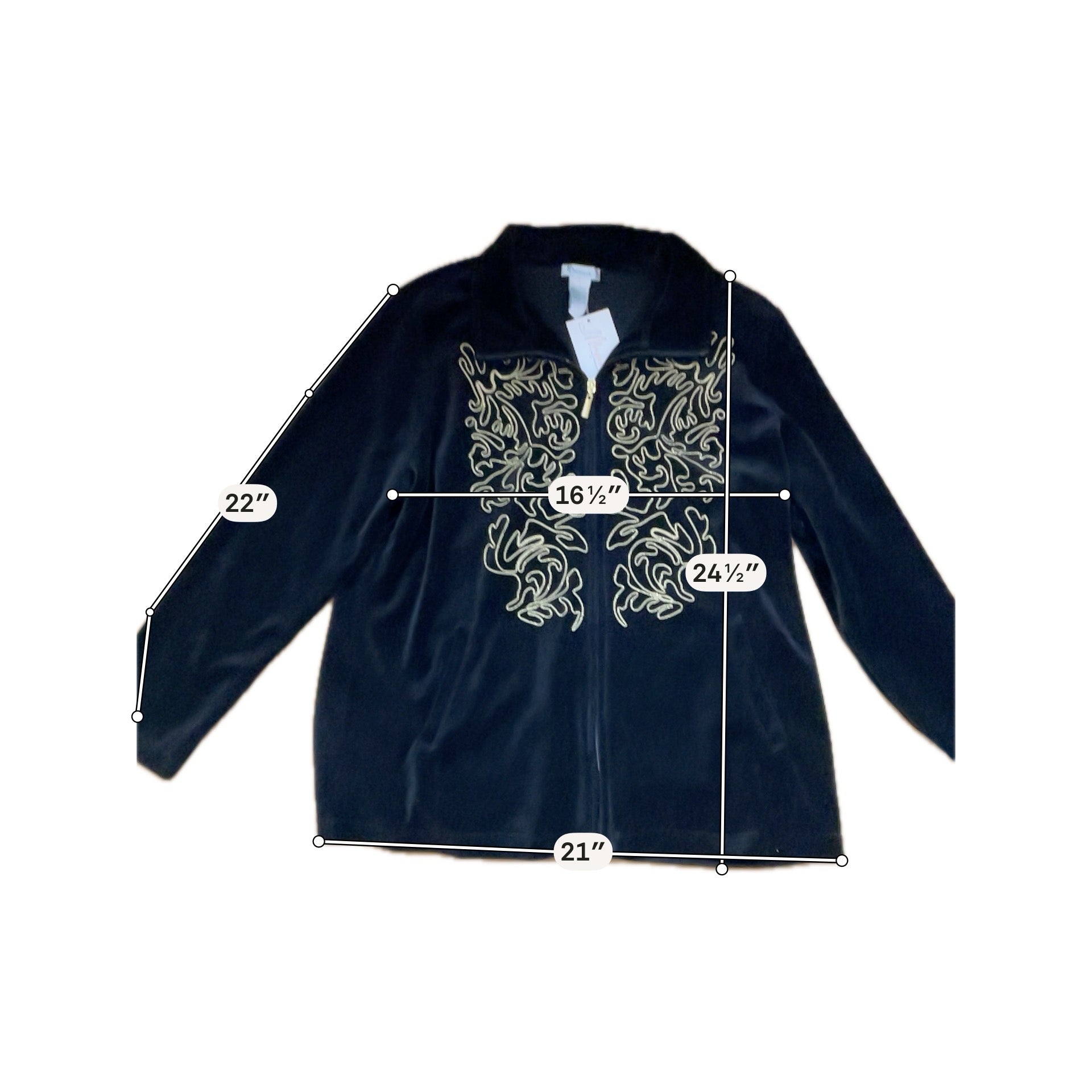D!ifestyle Velour Zip Up Track Jacket Gold Swirl Embroidery Black Size Large