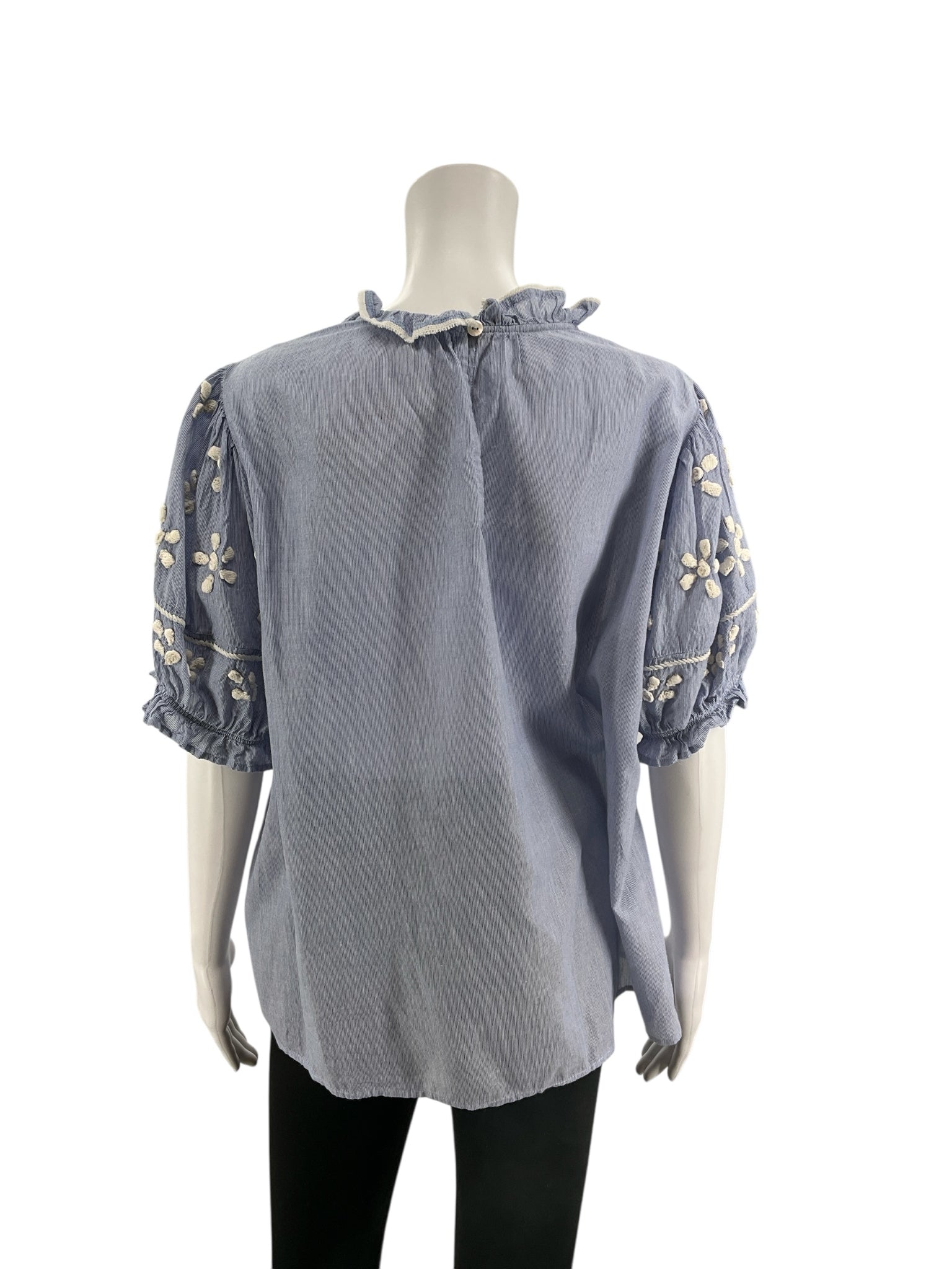 THML white/blue Short Sleeve Ruffle Neck Embroidered Pinstripe Top Blue White Cotton XL - Size XL