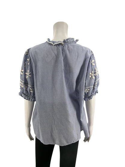 THML white/blue Short Sleeve Ruffle Neck Embroidered Pinstripe Top Blue White Cotton XL - Size XL