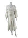 Anthropologie Maxi Dress - White Solid| Size 10 at Margaret’s featuring long sleeves, button front, and lace detailing, perfect for elegant occasions.