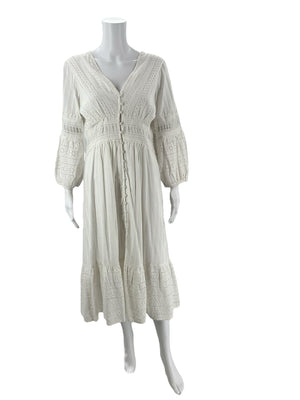Anthropologie Maxi Dress - White Solid| Size 10 at Margaret’s featuring long sleeves, button front, and lace detailing, perfect for elegant occasions.