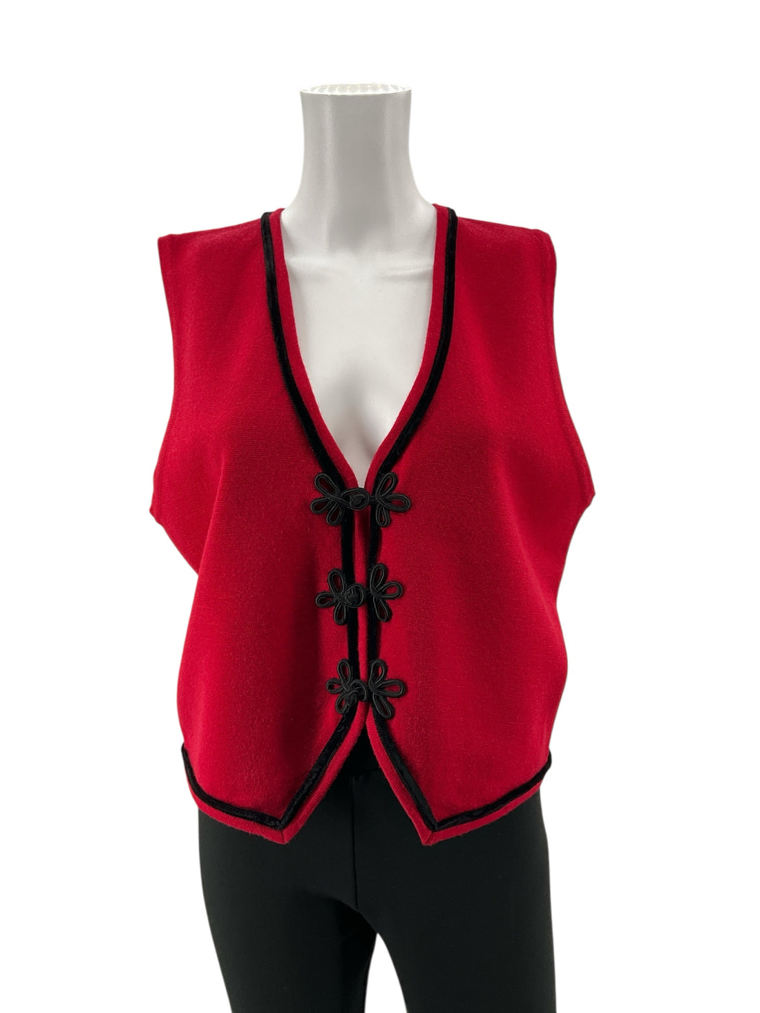 Talbots Red Wool Vest Black Velvet Trim Frog Closure Cropped Size Medium