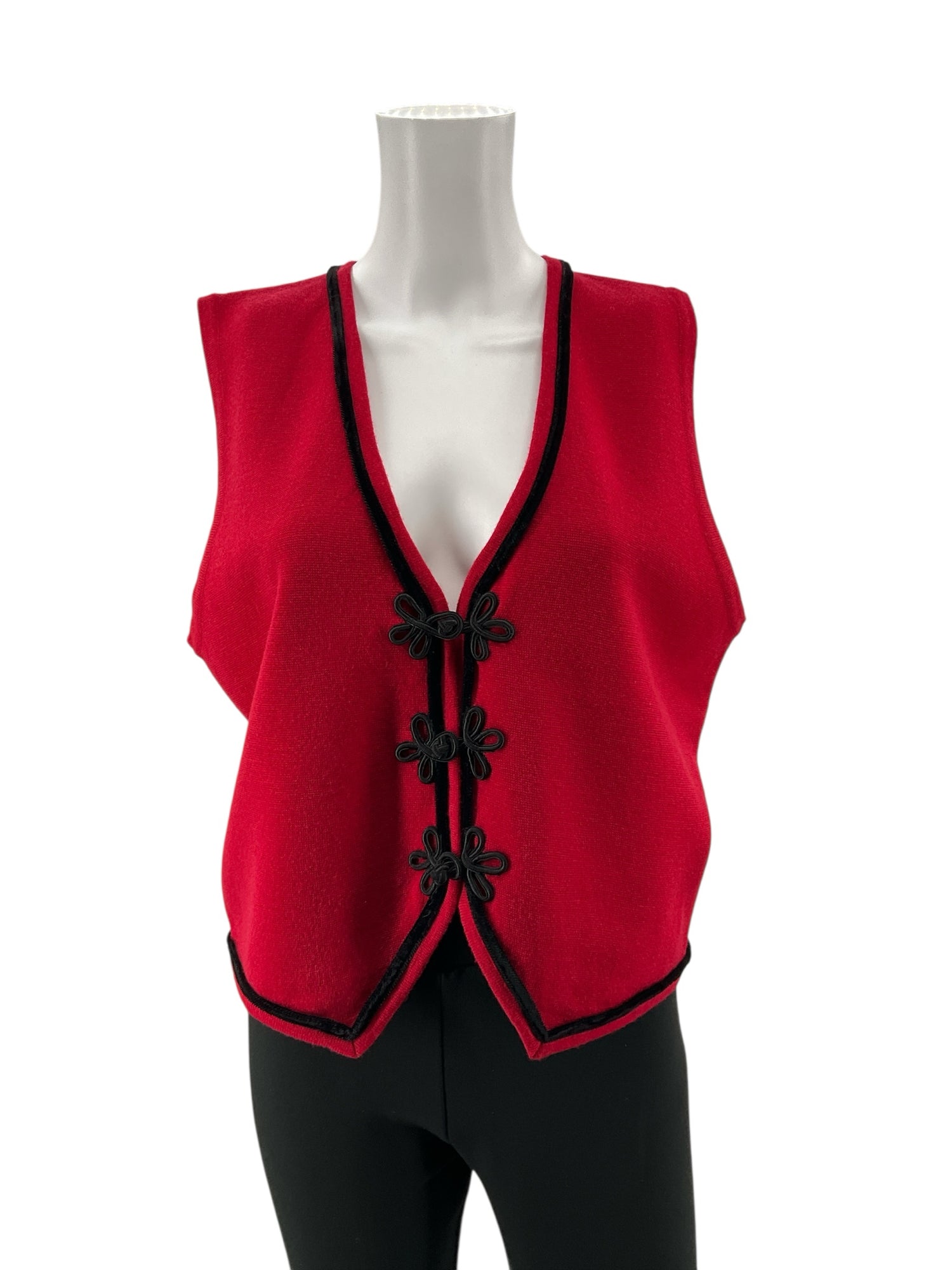 Talbots red/black Sleeveless Red Wool Vest Black Velvet Trim Frog Closure Cropped Size Medium - Size M