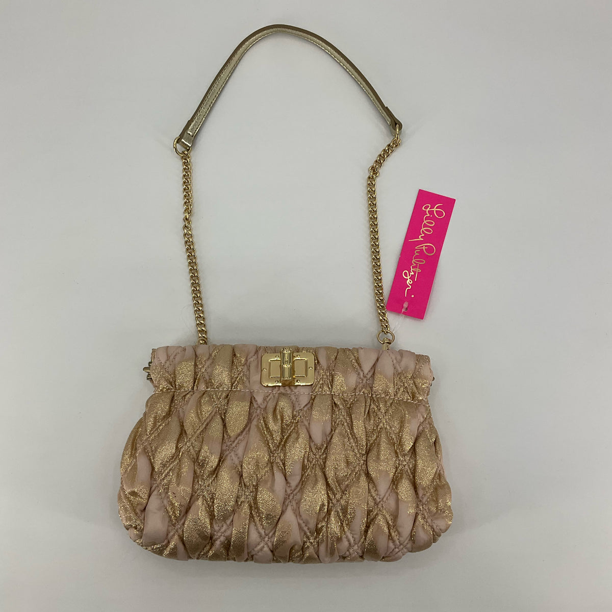 Lilly Pulitzer Gabi Metallic Ruched Convertible Crossbody Clutch Bag Pink Gold