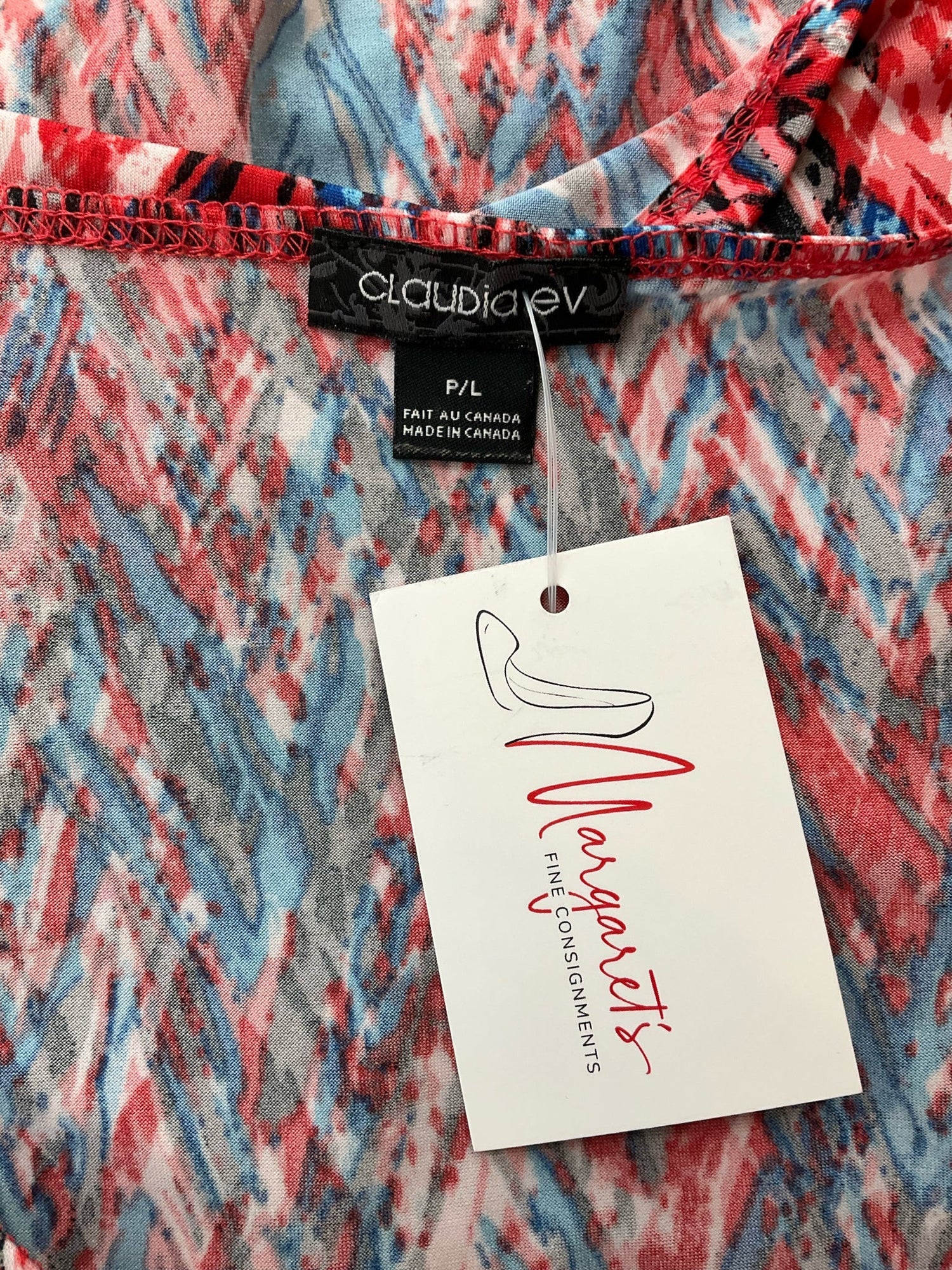 Claudia Ev Red/Blue/Black Print Pre-Owned Ladies Top - Size Petite Large - Margaret’s Fine Consignment