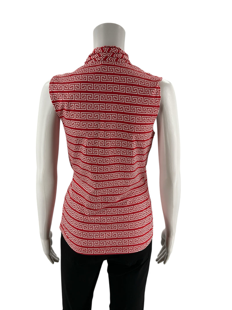 Back view of J. McLaughlin coral Greek Key print sleeveless top in Catalina Cloth. Features wrinkle-resistant fabric and cowl neckline.