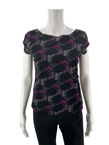 Alfani Petite black and purple print pullover blouse for women, size small petite, featuring a casual design.